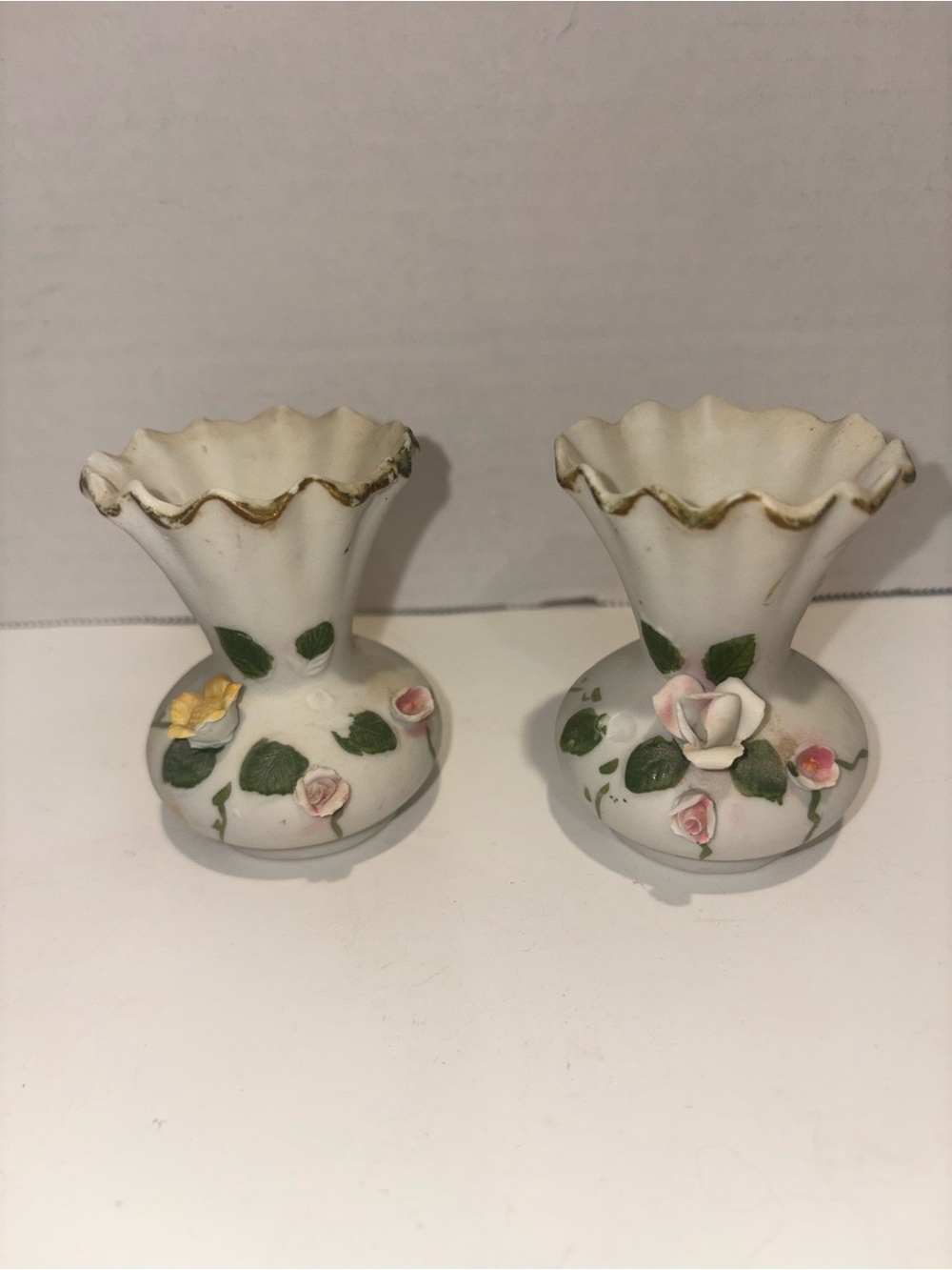 Vintage Tai White Porcelain Floral Bud Vases with Pink and Yellow Roses